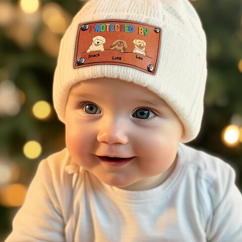 Gossby Personalized Baby Beanie Hat with Vegan Leather Patch - Custom Gift for Infant, Newborn, Baby, Toddler, Kid - 3 Sizes in Kuwait
