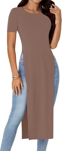 Women's Crew Neck Split Slit Hem Short Sleeve Slim Fit Blouse Long Shirt Tunic Top in Kuwait