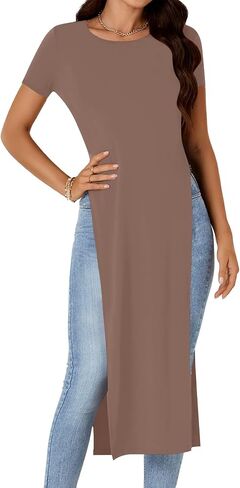 Women's Crew Neck Split Slit Hem Short Sleeve Slim Fit Blouse Long Shirt Tunic Top in Kuwait