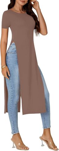 Women's Crew Neck Split Slit Hem Short Sleeve Slim Fit Blouse Long Shirt Tunic Top in Kuwait