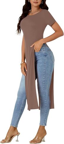 Women's Crew Neck Split Slit Hem Short Sleeve Slim Fit Blouse Long Shirt Tunic Top in Kuwait