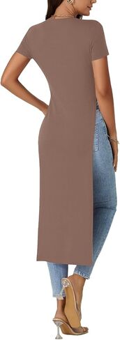 Women's Crew Neck Split Slit Hem Short Sleeve Slim Fit Blouse Long Shirt Tunic Top in Kuwait
