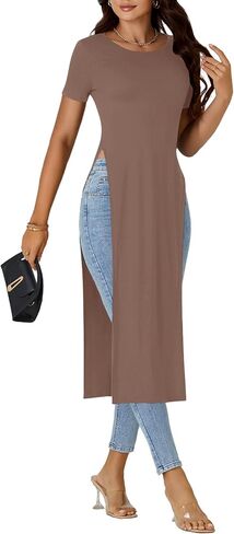 Women's Crew Neck Split Slit Hem Short Sleeve Slim Fit Blouse Long Shirt Tunic Top in Kuwait