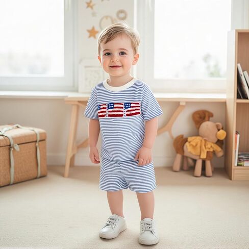Toddler Baby Boy 4th of July Outfit USA Flag Embroidery Striped Waffle Knit T-Shirt and Shorts Set Patriotic Clothes in Saudi Arabia