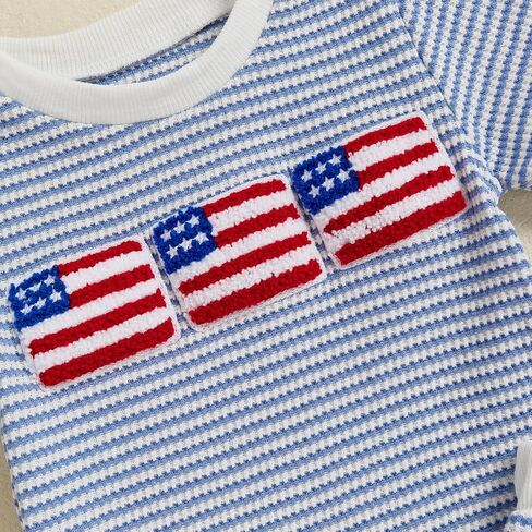 Toddler Baby Boy 4th of July Outfit USA Flag Embroidery Striped Waffle Knit T-Shirt and Shorts Set Patriotic Clothes in Saudi Arabia