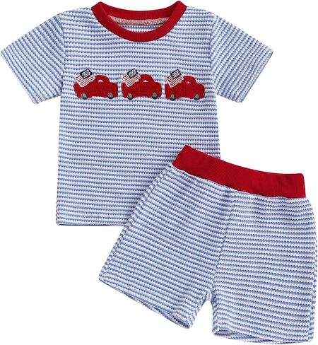 Toddler Baby Boy 4th of July Outfit USA Flag Embroidery Striped Waffle Knit T-Shirt and Shorts Set Patriotic Clothes in Saudi Arabia