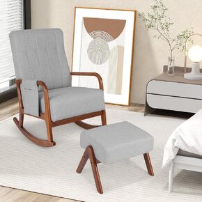 Giantex Rocking Chair with Ottoman, Upholstered Rocker Chair w/Solid Rubber Wood Frame, Side Pocket, Linen Nursery Chair w/Footrest, Tufted Glider Chair for Living Room, Bedroom, Beige in Kuwait