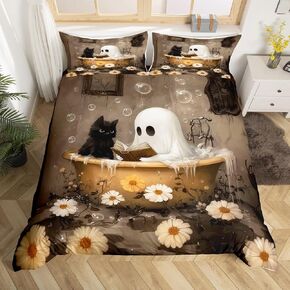 jejeloiu Cute Ghost Duvet Cover Toddler Size Kids Black Cat Halloween Bedding Set for Boys Girls Have a Bath Duvet Cover Soft Lightweight Microfiber Room Decor（No Stuffing）