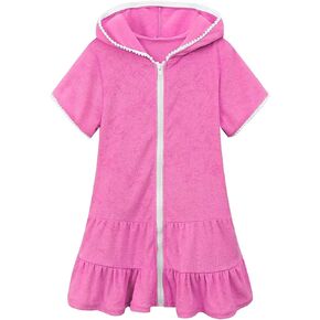 Toddler Girl Swim Cover Up Terry Dress Short Sleeve Zip Up Bathing Suit Towel Beachwear for Little Girls Swimwear