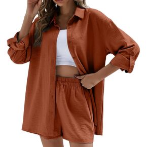 Linen Set for Women 2 Piece Long Sleeve Button down Blouse and Shorts Matching Sweatsuit Sets Track Suits Sweat Suit