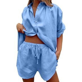 Two Piece Linen Set for Women Two Piece Tracksuit Button down 3/4 Sleeve Shirt and Shorts Set Fashion Trendy Clothes