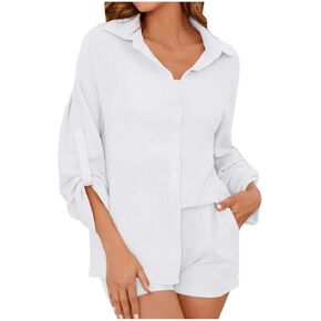 Linen Two Piece Set for Women Short Sleeve Button down Blouse and Shorts Matching Sweatsuit Sets Track Suit Sweat Suit