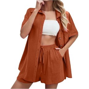 Linen Set for Women Two Piece Summer Shorts Button down Shirt Dressy Causal Comfy Matching Set Track Suits Sweat Suit