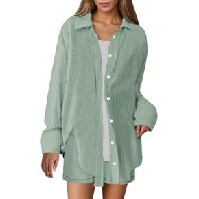 Linen Set for Women Long Sleeve Button down Shirt and Shorts Tracksuit Lounge Set Beach Vacation Cruise Outfits 2025