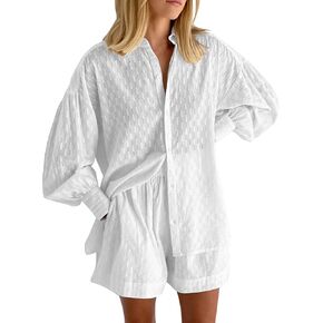 Linen Shorts Set for Women Long Sleeve Button down Shirts Matching Boxer Shorts Sets Loungewear Track Suits Sweat Suit