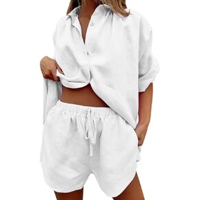 Linen Shorts Set for Women Long Sleeve Button down Shirt and Shorts Tracksuit Lounge Set Airport Outfits Cute Clothes