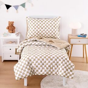 Wake In Cloud - Toddler Bedding Set for Boys Girls, Cute Gingham Grid Checkered, 4 Pieces Soft Crib Bed Set Including Comforter, Sheets and Pillowcase, Black White