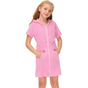 Girl's Swimsuit Zip Up Terrys Cover Up Hooded Bathrobe With Pockets Short Sleeve Bathing Suit Beach Dress Summer Dress