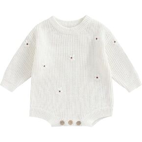 Qiylii Infant Baby Girl Flower Knit Sweater Romper Crewneck Long Sleeve Pullover Sweatshirt Onesie Fall Winter Clothes