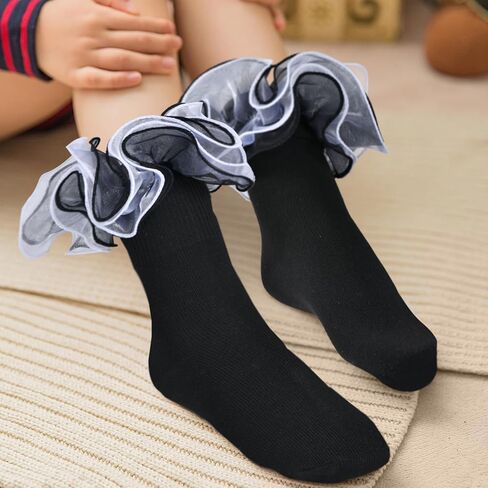 Toddler Baby Girls Ruffle Soft Double Frilly Lace Socks Kids Cute Ankle Cotton Dress Socks in Kuwait