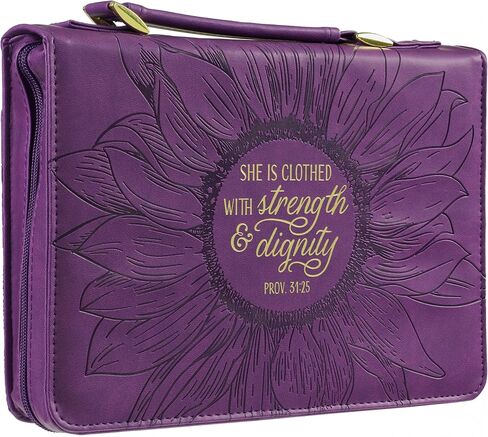 Christian Art Gifts Women's Fashion Bible Cover Strength and Dignity Proverbs 31:25, Purple/Gold Sunflower Faux Leather, XL in Saudi Arabia