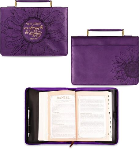 Christian Art Gifts Women's Fashion Bible Cover Strength and Dignity Proverbs 31:25, Purple/Gold Sunflower Faux Leather, XL in Saudi Arabia
