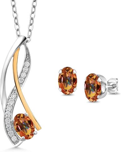 مجموعة مجوهرات Gem Stone King من الفضة عيار 925 والذهب الأصفر عيار 10 قيراط والزمرد والأبيض المموج من الألماس المموج للنساء (1.13 قيراط، مع سلسلة 18 بوصة) in Saudi Arabia