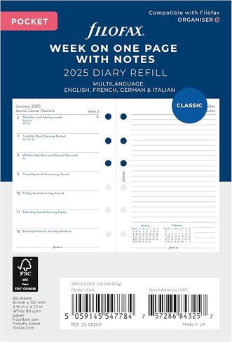 إعادة تعبئة مذكرات تقويم فيلوفاكس، حجم الجيب، أسبوع على صفحة واحدة مع ملاحظات، ورق أبيض، متعدد اللغات: أربع لغات، 2024 (C68209-24) in Kuwait
