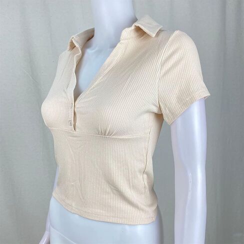 Women's Short Sleeve V Neck T Shirts 2025 Ribbed Slim Fitted Basic Tunic Blouses Solid Color Lapel Tee Tops in Saudi Arabia