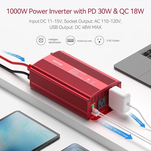 BESTEK 1000W Car Power Inverter, DC 12V to 110V Car Power Converter with 2 AC Ports Multi-Protection 1000 watt Power Inverter for Vehicles/Car/RV/Home, Terminals Power Cables Input,Road Trip Essential in Kuwait