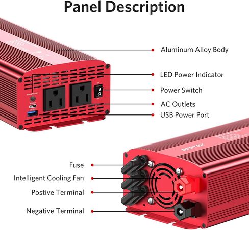 BESTEK 1000W Car Power Inverter, DC 12V to 110V Car Power Converter with 2 AC Ports Multi-Protection 1000 watt Power Inverter for Vehicles/Car/RV/Home, Terminals Power Cables Input,Road Trip Essential in Kuwait