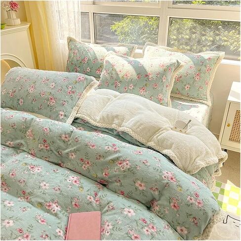 Bed Sheet Quilt Cover Set Fleece Fabric Warm Winter Pillowcase Four-Piece Bedding Set Home Textiles Floral Print Bed Four Pieces Set(B) in Saudi Arabia