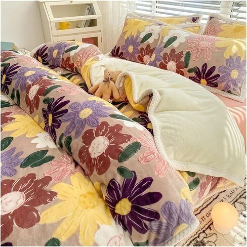 Bed Sheet Quilt Cover Set Fleece Fabric Warm Winter Pillowcase Four-Piece Bedding Set Home Textiles Floral Print Bed Four Pieces Set(B) in Saudi Arabia