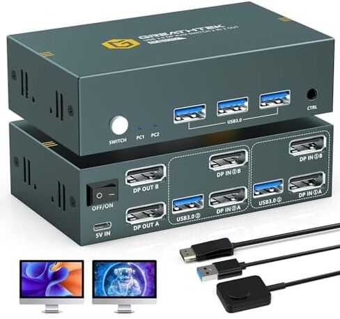 8K Displayport KVM Switch for 2 Computers 1 Monitor, 8K@60HZ 2 Port Monitor Switcher for 2 PC,with 3 USB3.0 Port Share Keyboard &Mouse,EDID Adapative in Kuwait
