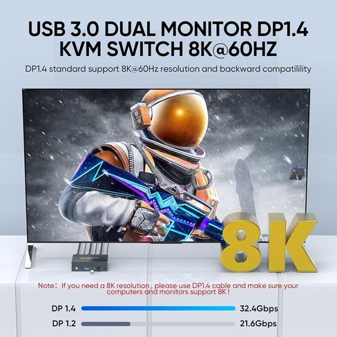 8K Displayport KVM Switch for 2 Computers 1 Monitor, 8K@60HZ 2 Port Monitor Switcher for 2 PC,with 3 USB3.0 Port Share Keyboard &Mouse,EDID Adapative in Kuwait