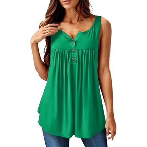 Womens T Shirts Sleeveless Pleated Dressy Casual Button Down V Neck Summer Tops Solid Color Tunics Blouses