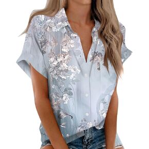 Womens Tops Short Sleeve V Neck Button Down Shirts Printed Business Casual Outfit Basic Tees Summer Top 2025