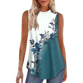 Womens Tank Tops Sleeveless Printed Tank Tops Flowy High Neck Basic Tee Tunic Tops to Wear with Leggings