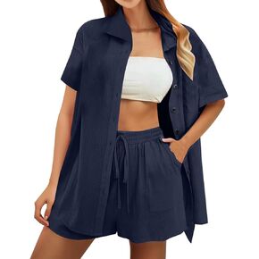 Summer Linen Set for Women Short Sleeve Button down Shirt and Shorts Tracksuit Lounge Set Airport Outfits Cute Clothes