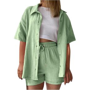 Linen Set for Women Plus Size Cotton Linen Shirt and Drawstring Shorts Set Summer Tracksuits Track Suits Sweat Suit