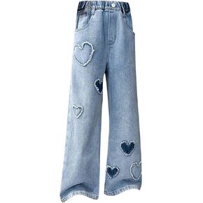Moonker Baby Girls Y2K Jeans Baggy Heart Applique Elastic High Waist Jean Wide Leg Loose Denim Pants Baby Girl