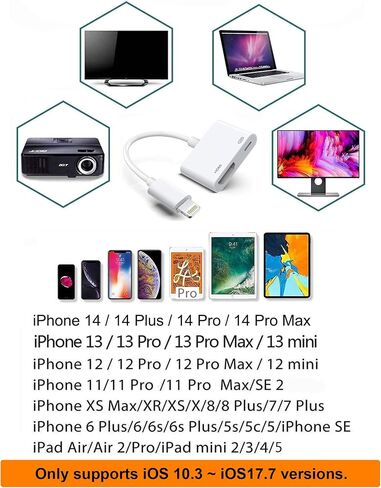 محول ابل لايتنينج الى HDMI، كيبل شاشة مزامنة رقمية 1080P مع منفذ شحن لاجهزة ايفون وايباد وايبود الى التلفزيون/جهاز العرض/الشاشة، محول فيديو معتمد من ام اف اي (ابيض-1) in Kuwait