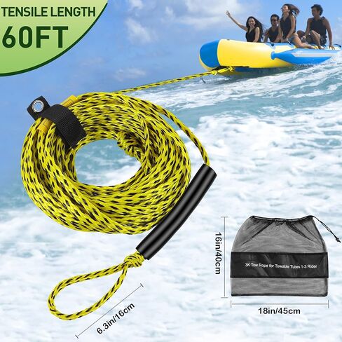 Tow Rope for Watersports,1-6 Rider Lines for Towable Tubes,Boating,6K, 3/4" Diameters Width, Heavy Duty, 60FT Length, Yellow and Red in Kuwait
