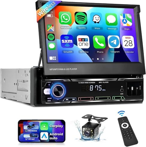 Podofo Single Din Car Stereo 7 بوصة قابلة للطي تعمل باللمس متوافقة مع Apple Carplay & Android Auto Mirror Link مستقبل صوت السيارة كاميرا احتياطية بلوتوث SWC FM راديو USB/TF/AUX وحدة رأس المنفذ in Kuwait