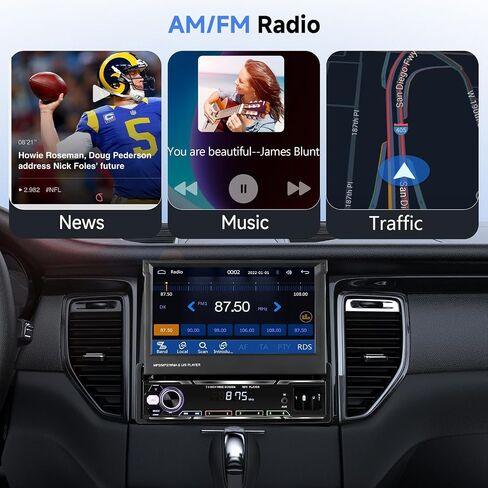 Podofo Single Din Car Stereo 7 بوصة قابلة للطي تعمل باللمس متوافقة مع Apple Carplay & Android Auto Mirror Link مستقبل صوت السيارة كاميرا احتياطية بلوتوث SWC FM راديو USB/TF/AUX وحدة رأس المنفذ in Kuwait
