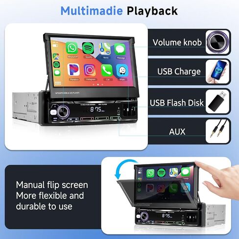 Podofo Single Din Car Stereo 7 بوصة قابلة للطي تعمل باللمس متوافقة مع Apple Carplay & Android Auto Mirror Link مستقبل صوت السيارة كاميرا احتياطية بلوتوث SWC FM راديو USB/TF/AUX وحدة رأس المنفذ in Kuwait