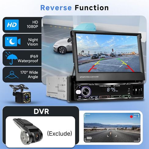 Podofo Single Din Car Stereo 7 بوصة قابلة للطي تعمل باللمس متوافقة مع Apple Carplay & Android Auto Mirror Link مستقبل صوت السيارة كاميرا احتياطية بلوتوث SWC FM راديو USB/TF/AUX وحدة رأس المنفذ in Kuwait
