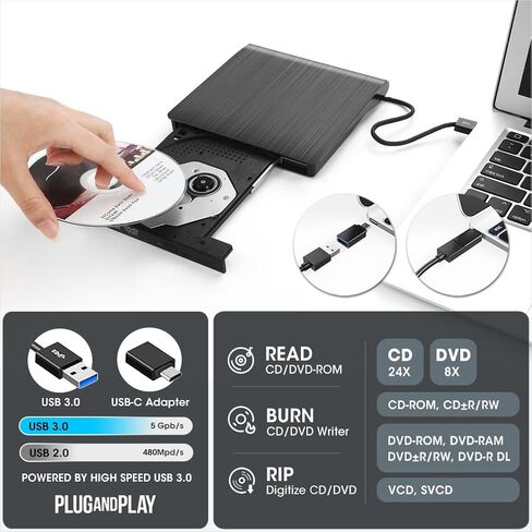 محرك أقراص DVD خارجي من ROOFULL USB 3.0 Type-C محمول DVD/CD ROM +/-RW مشغل محرك الأقراص الضوئية مع حقيبة حمل واقية لأجهزة Apple Mac MacBook Pro/Air، Windows 11/10 كمبيوتر محمول، أبيض in Kuwait