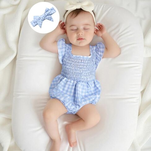 Infant Newborn Baby Girl Summer Outfit One Piece Smocked Romper Ruffle Sleeve Plaid Playsuit Headband 3 6 9 12 18M in Saudi Arabia