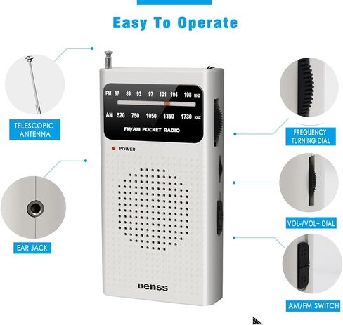راديو Benss المحمول المطور AM FM، راديو ترانزستور مع مكبر صوت عالٍ ومقبس سماعة رأس، مشبك خلفي، راديو يعمل ببطارية 2AA لاستقبال طويل المدى للاستخدام الداخلي والخارجي والطوارئ (أسود) in Kuwait